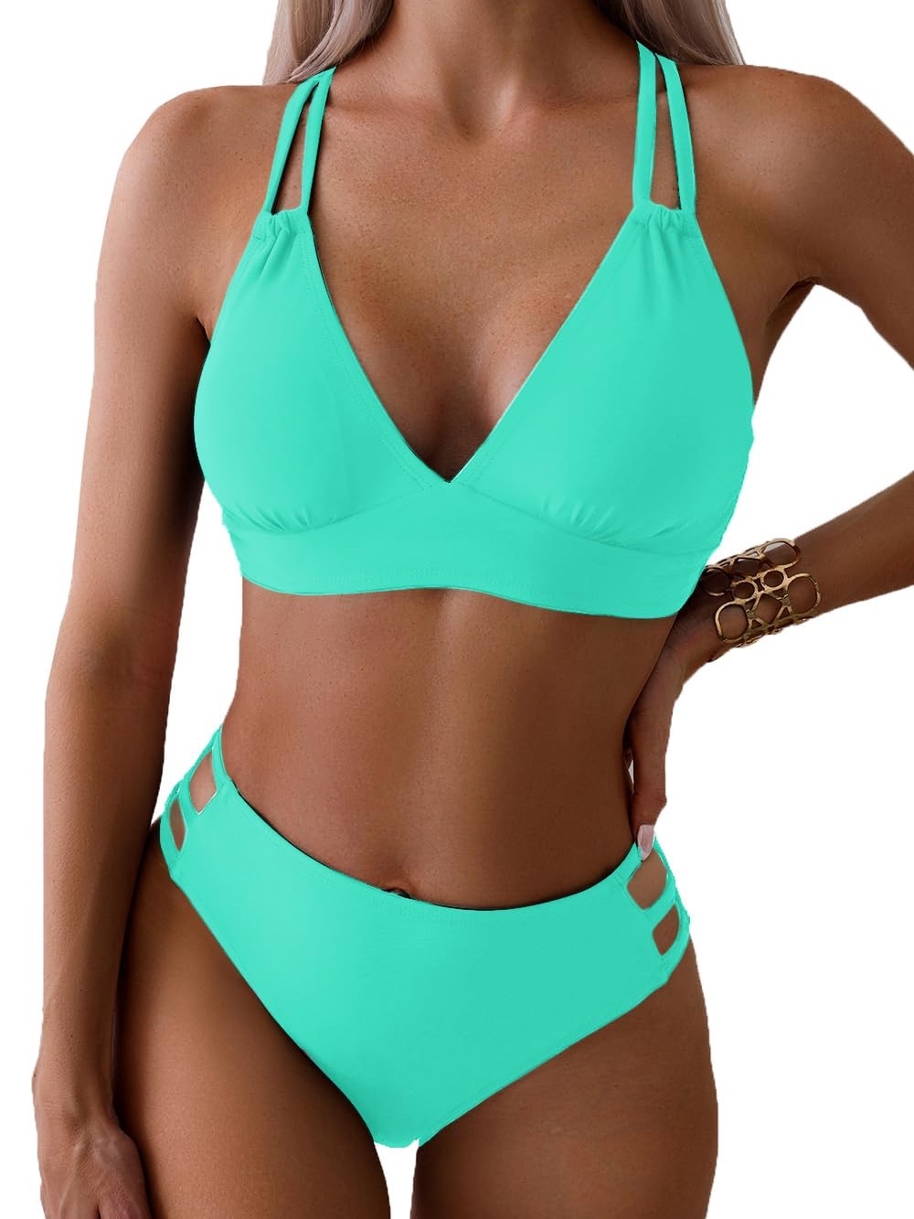 Tainehs Two Piece Strappy Bikini Swimsuit Women’s US Size S Lake Green Sexy